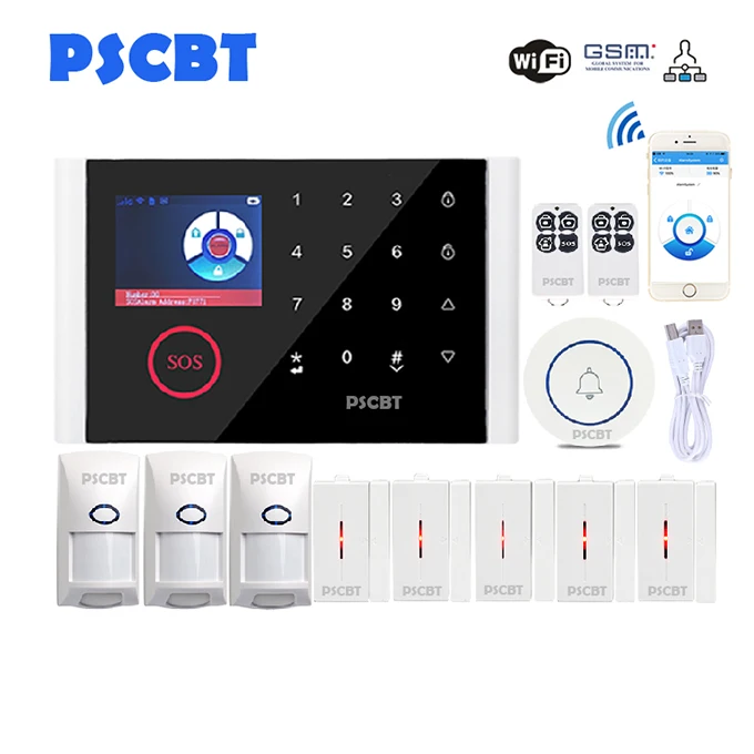 Set 4 PSCBT Беспроводная SIM GSM домашняя охранная lcd сенсорная клавиатура wifi GSM сигнализация комплект датчиков английский, русский, испанский голос - Цвет: Set 4