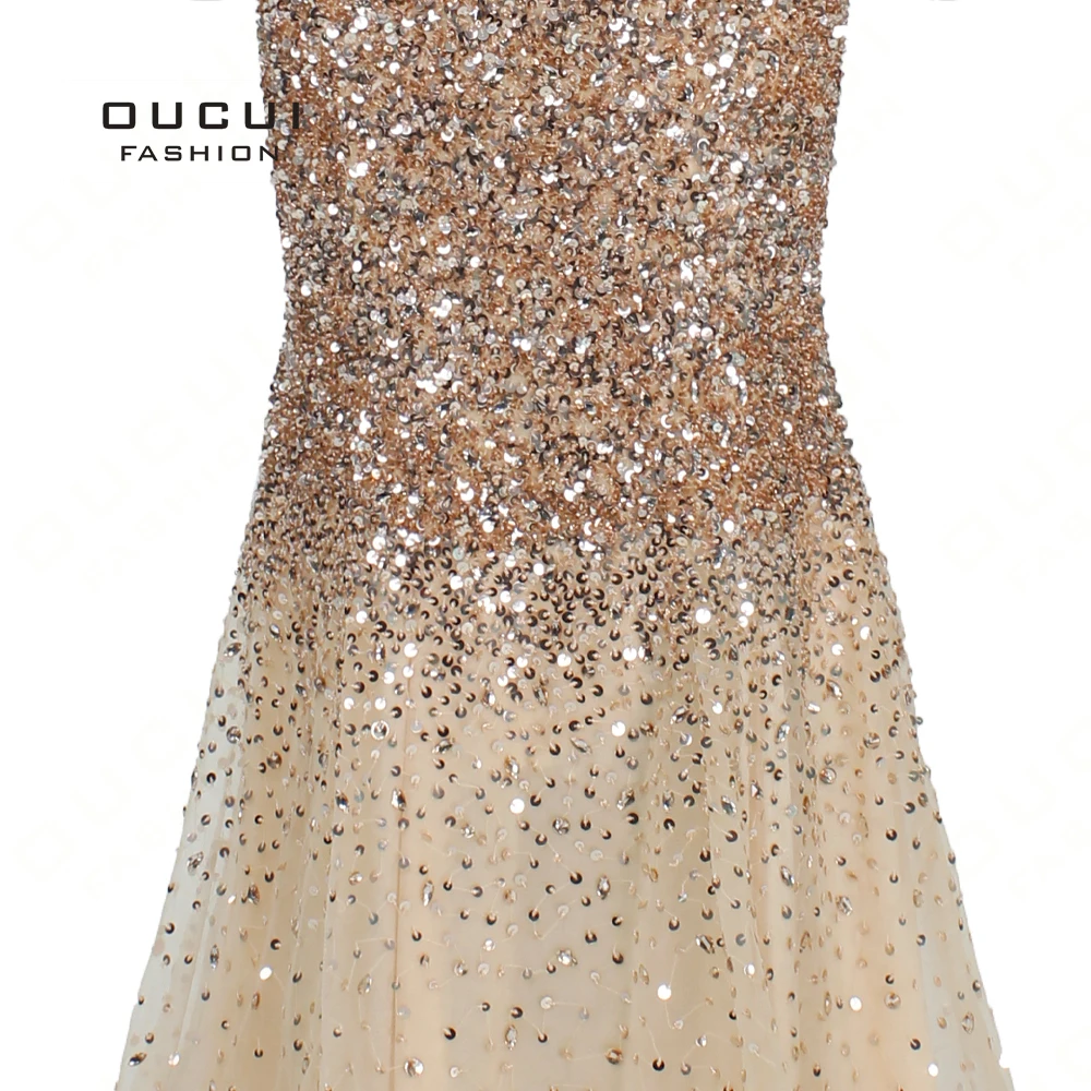 

Real Photo Gold Luxury Sequined Prom Dresses 2019 Evening Gown Sparkling Beaded Tassel Sweetheart Sexy Robe De Soiree OL103392
