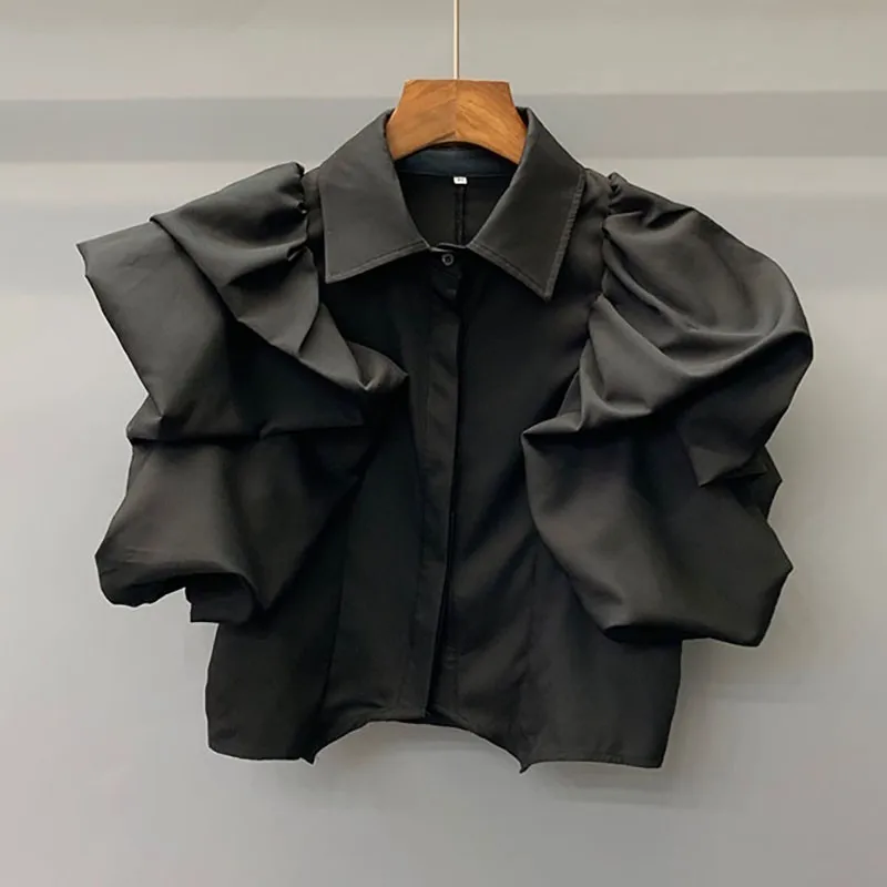 TWOTWINSTYLE, летняя белая блузка для женщин, воротник с лацканами, короткий рукав, оборки, асимметричный подол, рубашка, топы, Женская мода - Цвет: black
