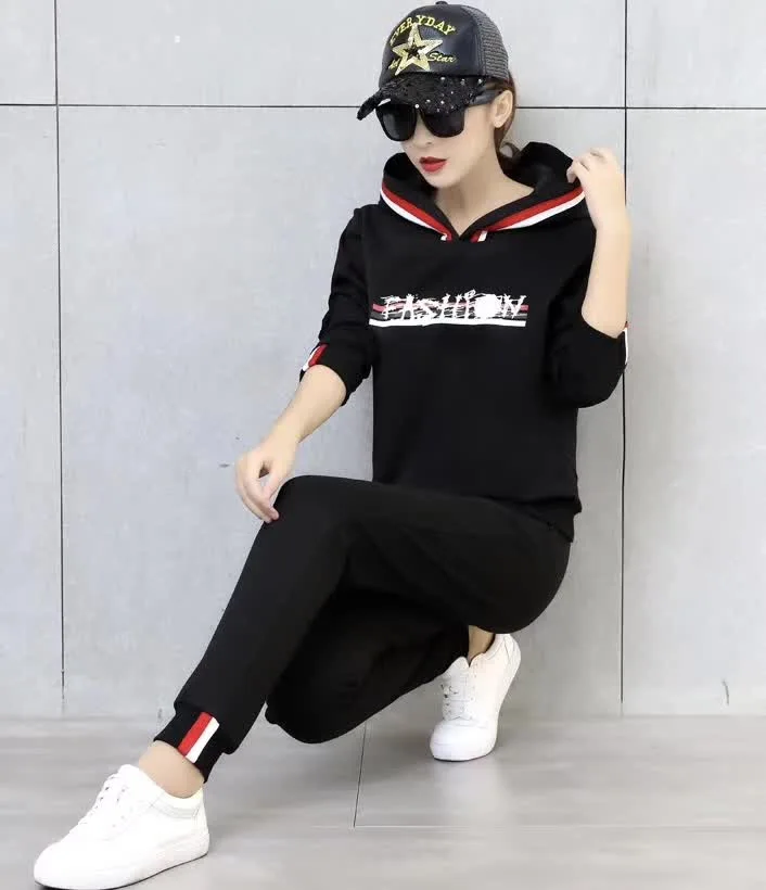 Women Autumn Sportswear New Fashion Two Pieces Set Striped Hooded Tops+Long Pants Leisure cotton sets