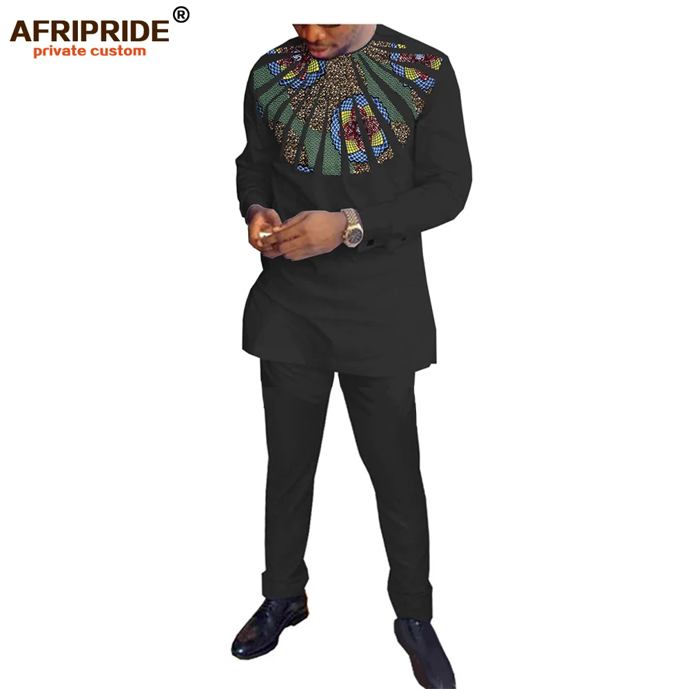 

spring 2-pieces pants set for men AFRIPRIDE tailor made full sleeve top with appliques+full length pants men's set A1816010