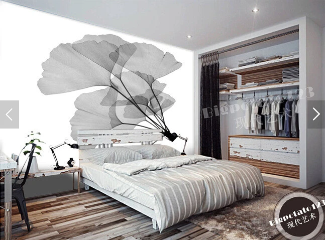 Пользовательские Ретро обои черно белые листья гинкго билоба для гостиной отеля