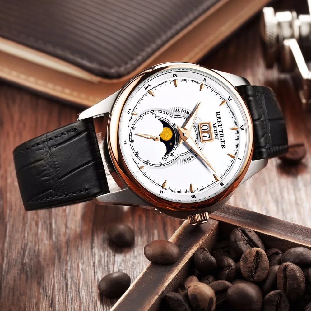 Reef Tiger/RT модные и благородные часы для мужчин механические часы Moon Phase двойное окно Дата Кожаный ремешок Часы RGA1928