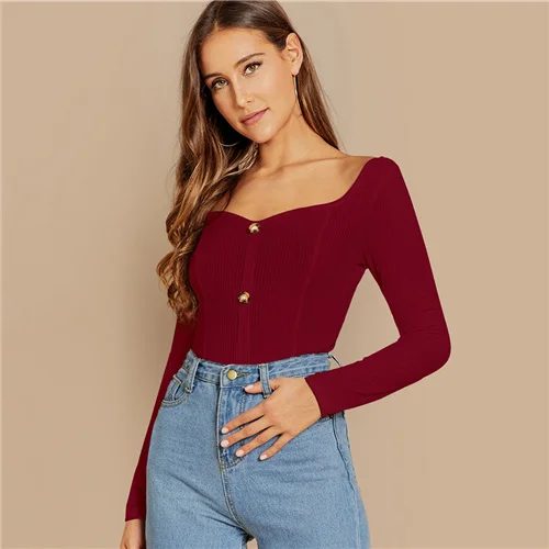 Burgundy Sheinside, кнопки, деталь, тонкая, облегающая, ребристая, трикотажная футболка, женская футболка, глубокий v-образный вырез, Женские топы и тройники,, бордовый, длинный рукав, укороченный топ - Цвет: Burgundy