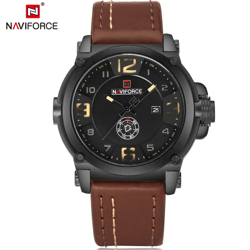 Новая мода Для мужчин S Часы naviforce militray Спорт кварцевые Для мужчин часы кожа Водонепроницаемый мужской Наручные часы Relogio Masculino - Цвет: black yellow