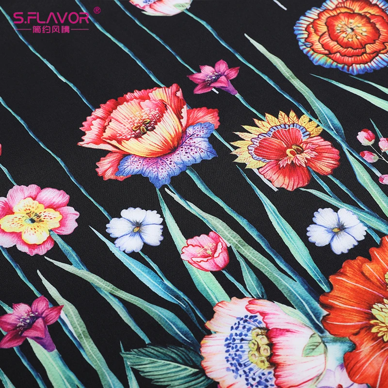 S.FLAVOR Women Autumn winter dress hot sale turn down collor long sleeve Elegant shirt style printing vestidos | Женская одежда