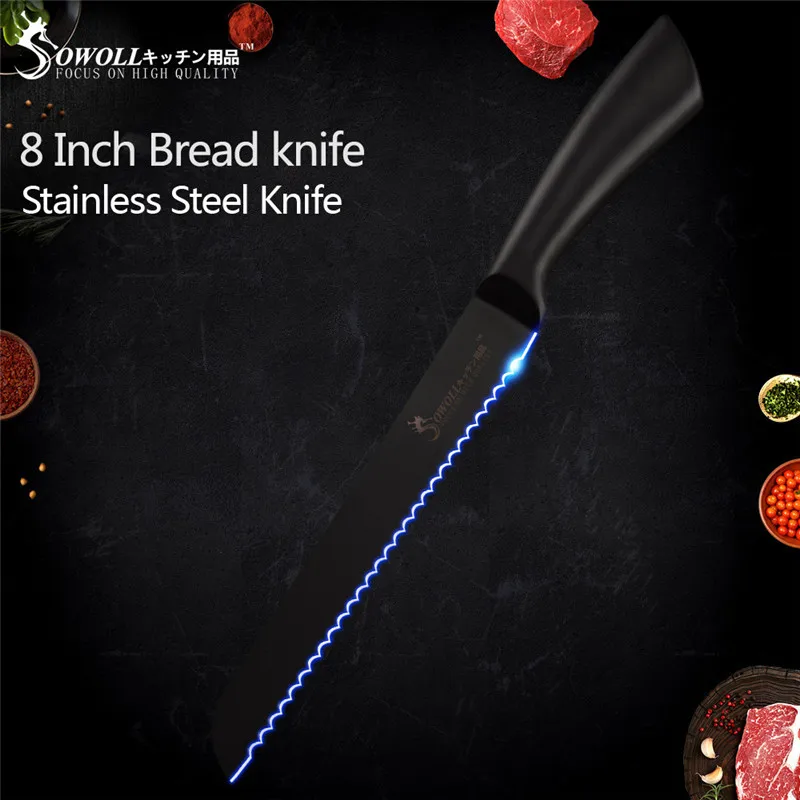 8 inch bread SOWOLL, Новое поступление, набор ножей из нержавеющей стали, черное острое лезвие, экономия труда, кухонный нож 3Cr13, стальной японский нож шеф-повара - Цвет: 8 inch bread