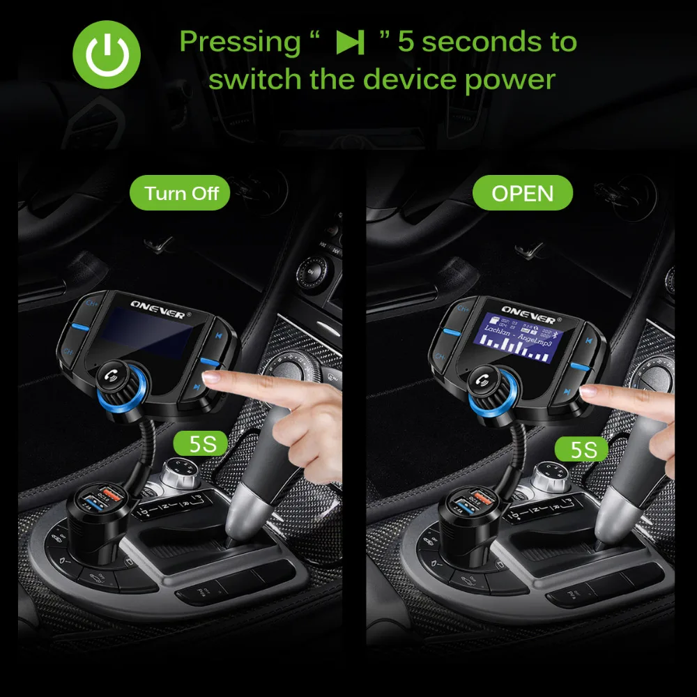 ONEVER вращающийся Bluetooth гарнитура для авто fm передатчик MP3 плееры модулятор с qc3.0 Dual