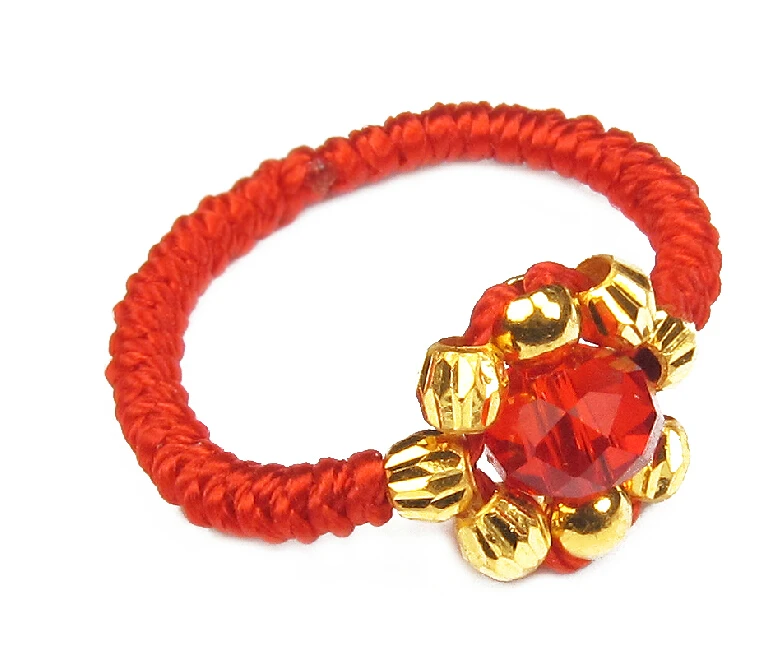 

Pure 24K Yellow gold Beads Ring Red Handmade String Weave Ring 0.58g