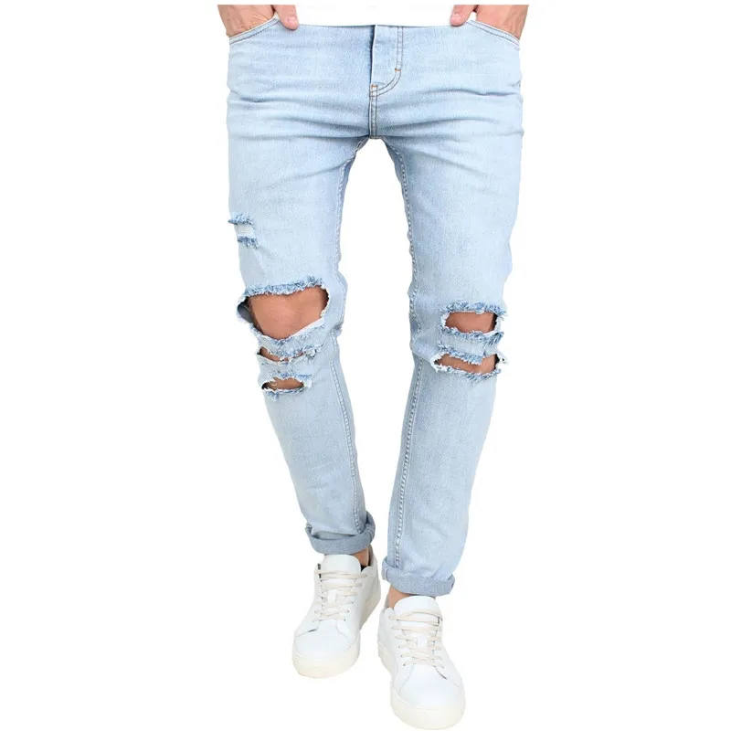

brand man Knee big Hole jeans fashion 2017 new spring wash light blue Denim trousers men's distressed Ripped skinny jeans men