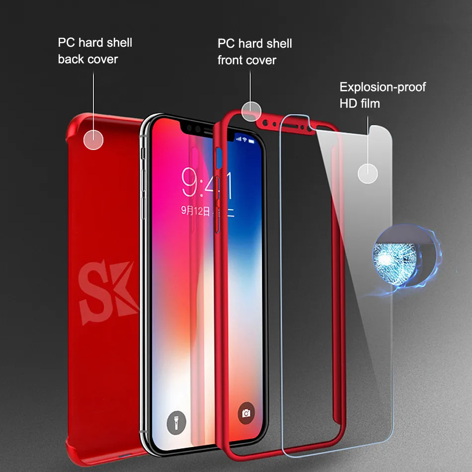 SK полная защита 360 чехол для Iphone X ПК Жесткий корпус Защитная крышка х с закаленным