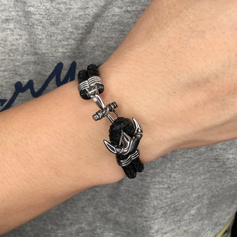 Trendy Male Jewelry Punk Black Braided Leather Bracelet Men Anchor Stainless Steel Clasp Bangles Man Bracalete PW765 | Украшения и