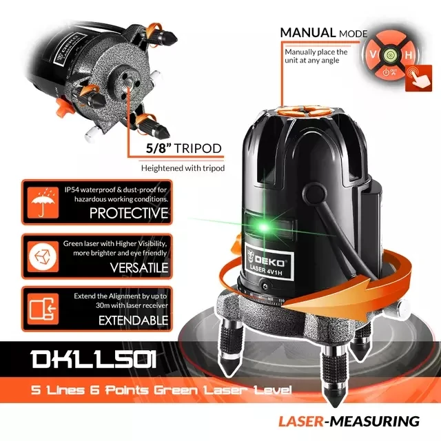 DEKO LL5 Series 5 Line 6 Points лазерный уровень самонивелирующийся горизонтальный и вертикальный 360 градусов Регулировка зеленый с треногой 3D