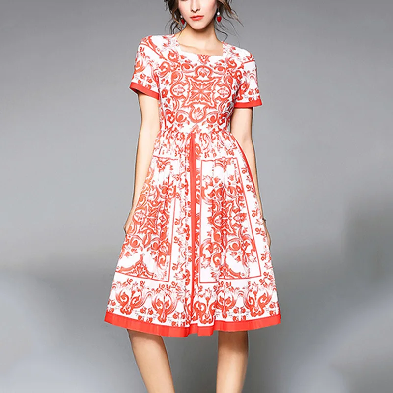 2018 Весна Европейский Стиль короткий рукав женское платье с принтом элегантные