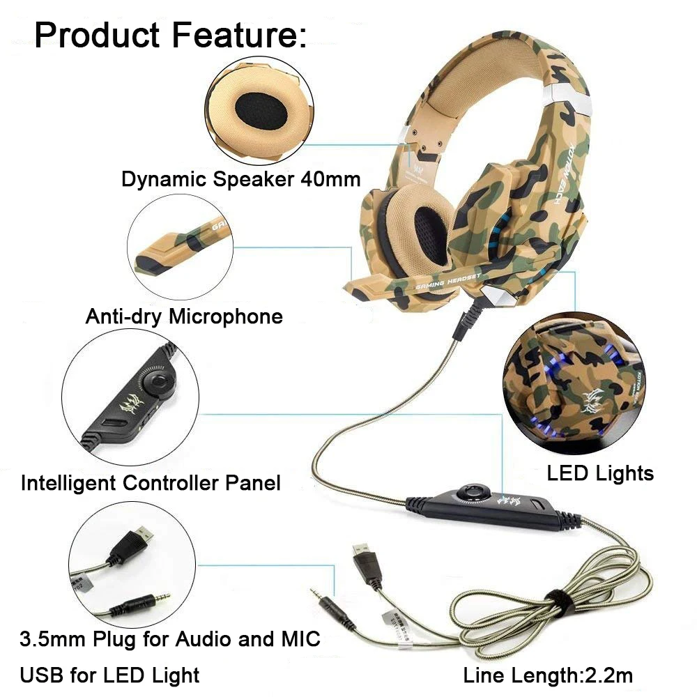 KOTION EACH G9600 стерео камуфляжная игровая гарнитура наушники с шумоподавлением с микрофоном светодиодный светильник для PS4/PC/Xbox One/iPad/psp