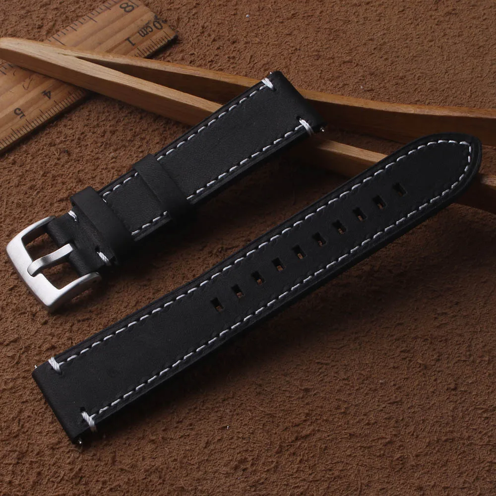 

High quality Genuine Leather Watchbands Smooth black bands Strap white Stitched Bracelets Silver pin buckle 18mm 20mm 22mm 24mm