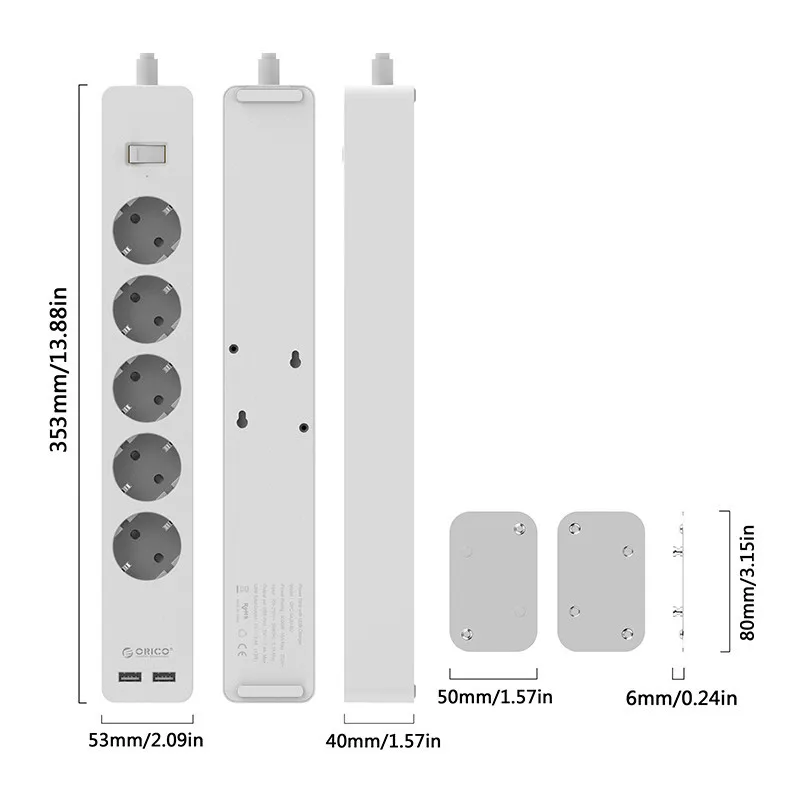 ORICO 3/5 AC EU Power Strip with 2 USB Charging Port Extension Electronic Socket Home Office Surge Protector and Adhesive Board