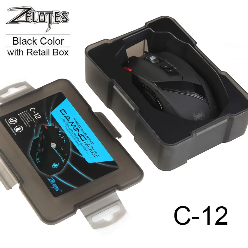 Black with RetailBox ZELOTES C-12 Проводная игровая мышь USB оптическая 12 программируемых кнопок компьютерная игровая мышь 40000 dpi Регулируемый светодиодный фонарь для геймера - Цвет: Black with RetailBox