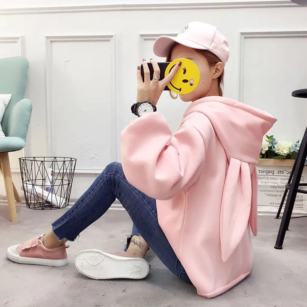 Kawaii милые толстовки с заячьими ушками для женщин плюс размер длинный рукав