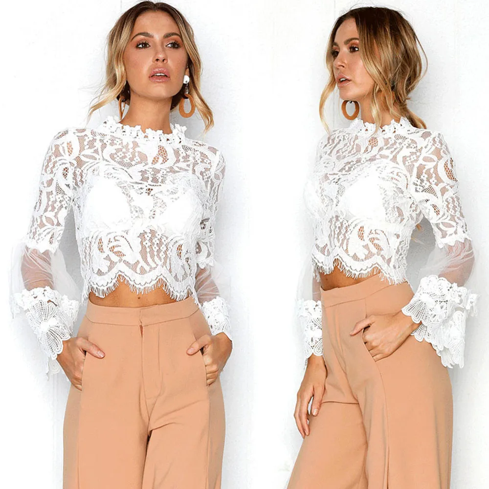 

Free Ostrich Luxury Flare Sleeve White Lace Women Blouse Long Sleeve O-neck Solid Blouse 2018 Spring Sexy Hollow Slim Tops