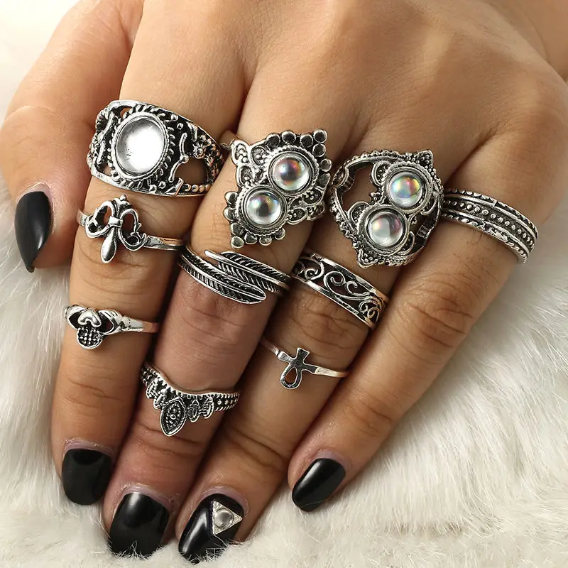 

Bohemian Multi Layer Hollow Feather Wave Mosaic Crystal Ring Set Charm Flower Silver Color Ring For Women Wedding Jewelry