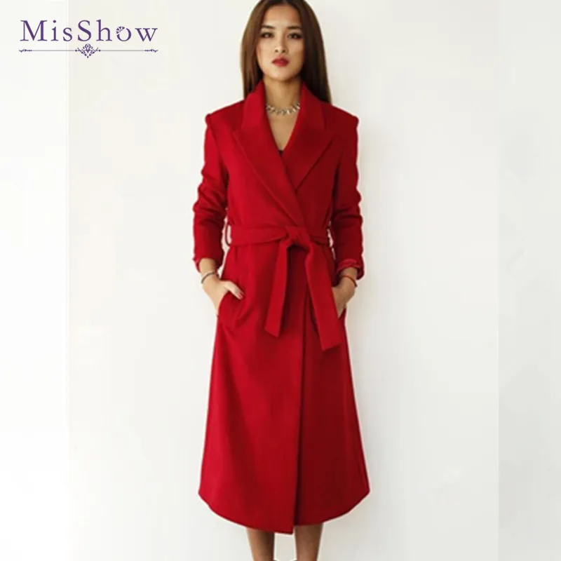 MisShow 2018 Зимой Красные полушерстяные пальто для женщин Классический Красный с