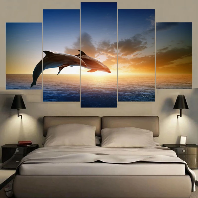 

HD Printed Modular Pictures Frame Canvas Home Wall Art Decor 5 Pieces Jumping Dolphins Animal Painting Sunset Seascape Poster