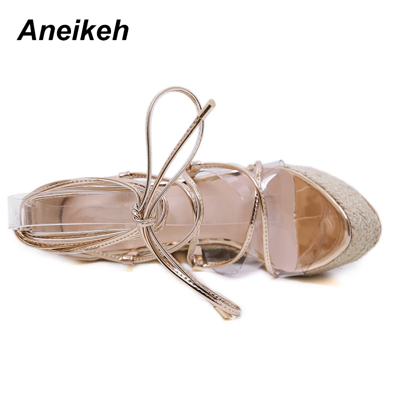 Aneikeh/сандалии из ПВХ для отдыха женские прозрачные сандалии повседневные однотонные вечерние туфли на высокой танкетке со шнуровкой и тонким ремешком; Цвет черный, золотой; Размеры 35-42