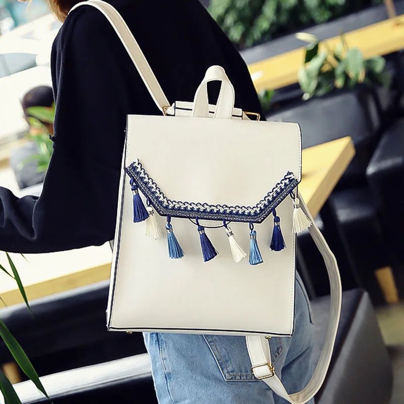 Tassel National Female Square Backpacks PU White Preppy Style Shoulder Bags Bolso Harajuku Summer Birthday Gift Knapsack Bolso