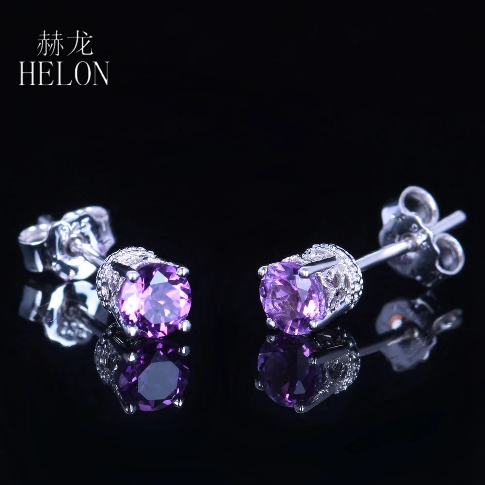 HELON Art Deco серьги с аметистом Твердые 14 к белое золото натуральный 4 мм круглый аметист Свадебные модные современные женские серьги