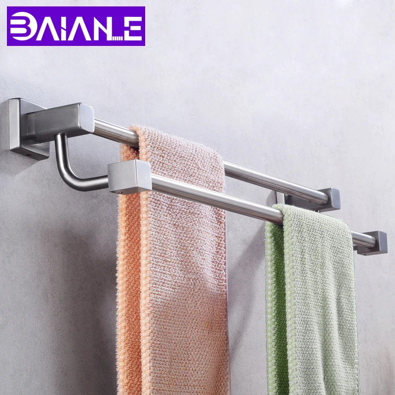 

Towel Holder Bathroom Towel Rack Stainless Steel Towel Rail Hanger Double Bar Wall Mounted Shower Robe Shelf Bathroom Hardware