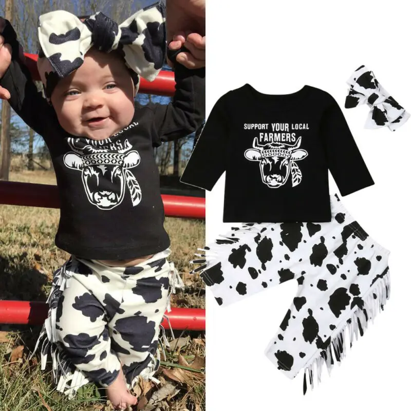 PUDCOCO Newborn Baby Girl Boy Cow Long Sleeve Tops T-Shirt Tassels Legging Pants Headband Outfits 3PCS Clothes Set 0-24M | Детская