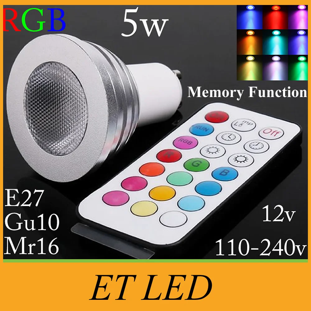 Функция памяти Новое поступление 5 Вт E27 GU10 MR16 12 В RGB Светодиодная лампа цветная