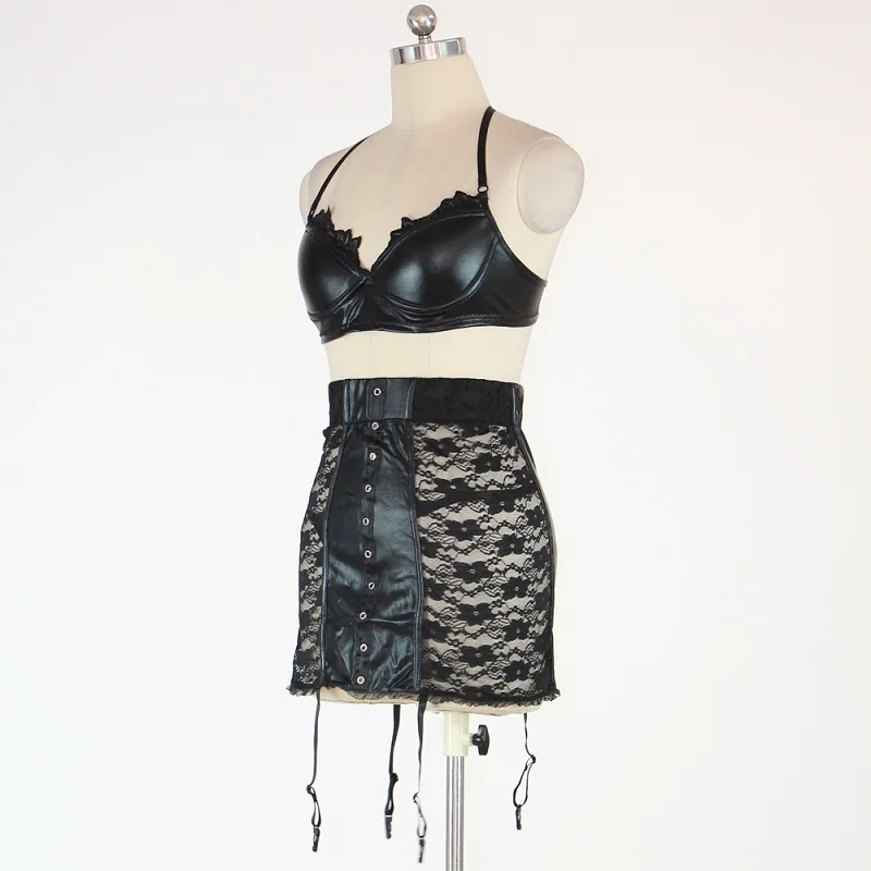 Женское кожаное платье из 2 предметов черное эластичное кружевное прозрачное