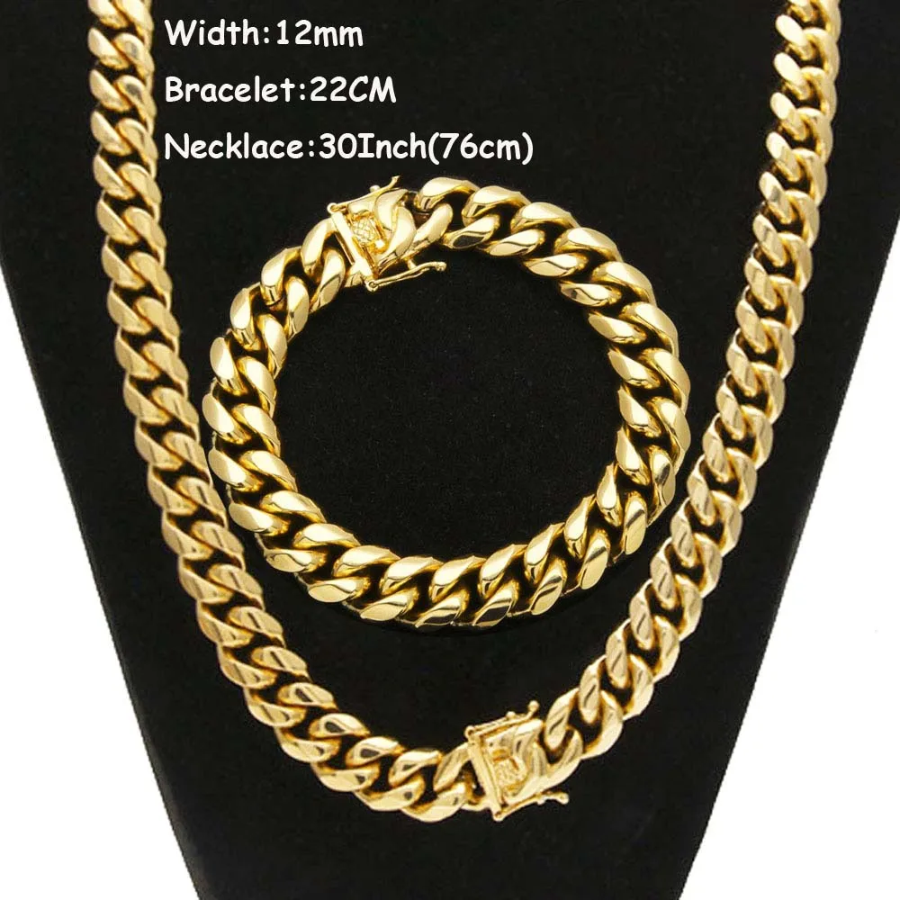 12mm 30inch 22 cm 8 мм/10 мм/12 мм/14 мм браслет из нержавеющей стали с кубинской цепочкой для мужчин и мальчиков Модный комплект ювелирных изделий в стиле хип-хоп с застежкой в виде дракона - Окраска металла: 12mm 30inch 22 cm