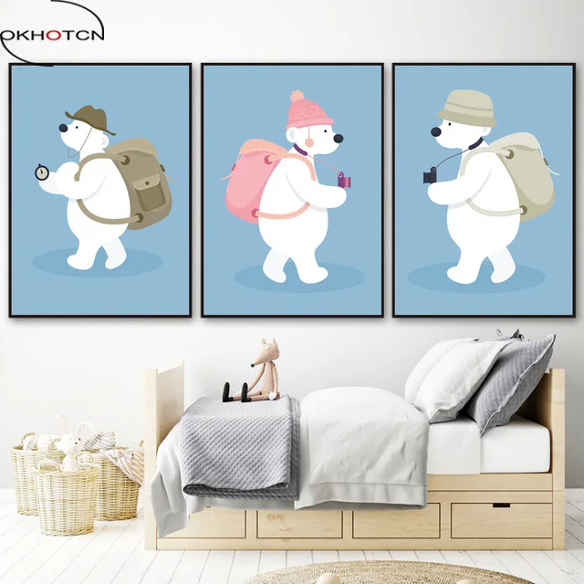 

OKHOTCN Framed Polar Bear Cartoon Animal Nordic Posters Modern Wall Art Prints Canvas Painting For kids Nursery Room Decoration
