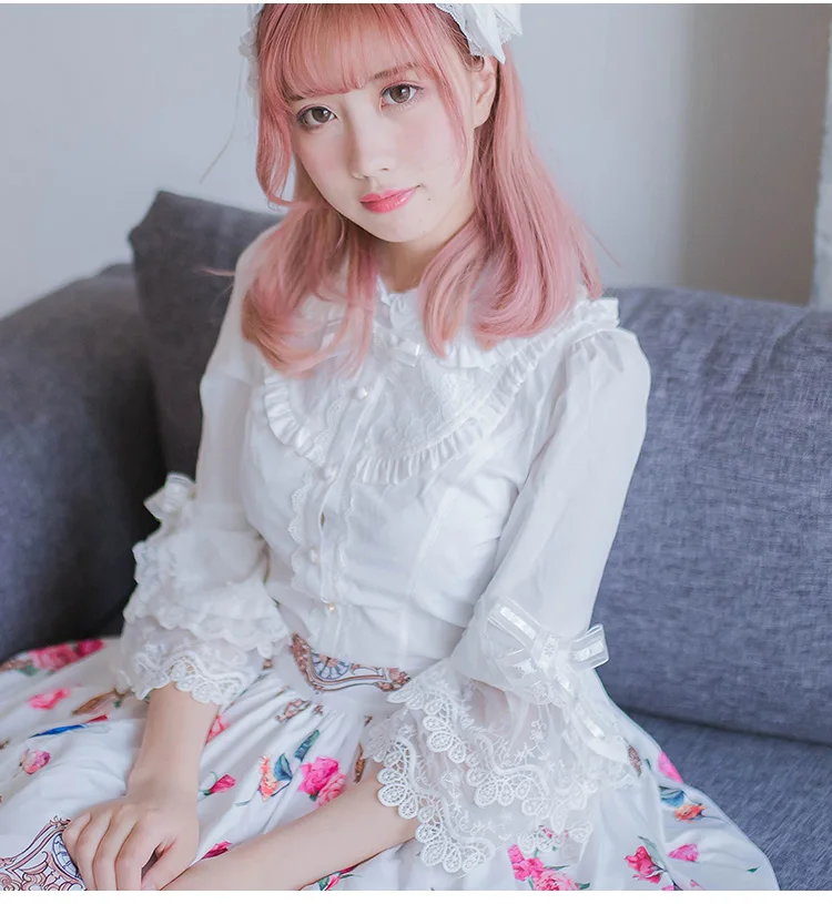 

Japanese Lolita Mercerized Cotton Lace Bow Harajuku Women Blouse Top Long Sleeve Retro Slim Trumpet Sleeve Shirt