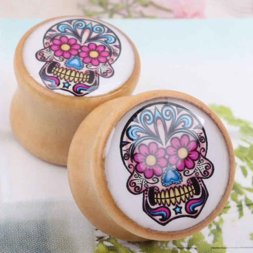 ZLDYOU Твердые Деревянные красочные узоры черепа кости пирсинг серьги расширение
