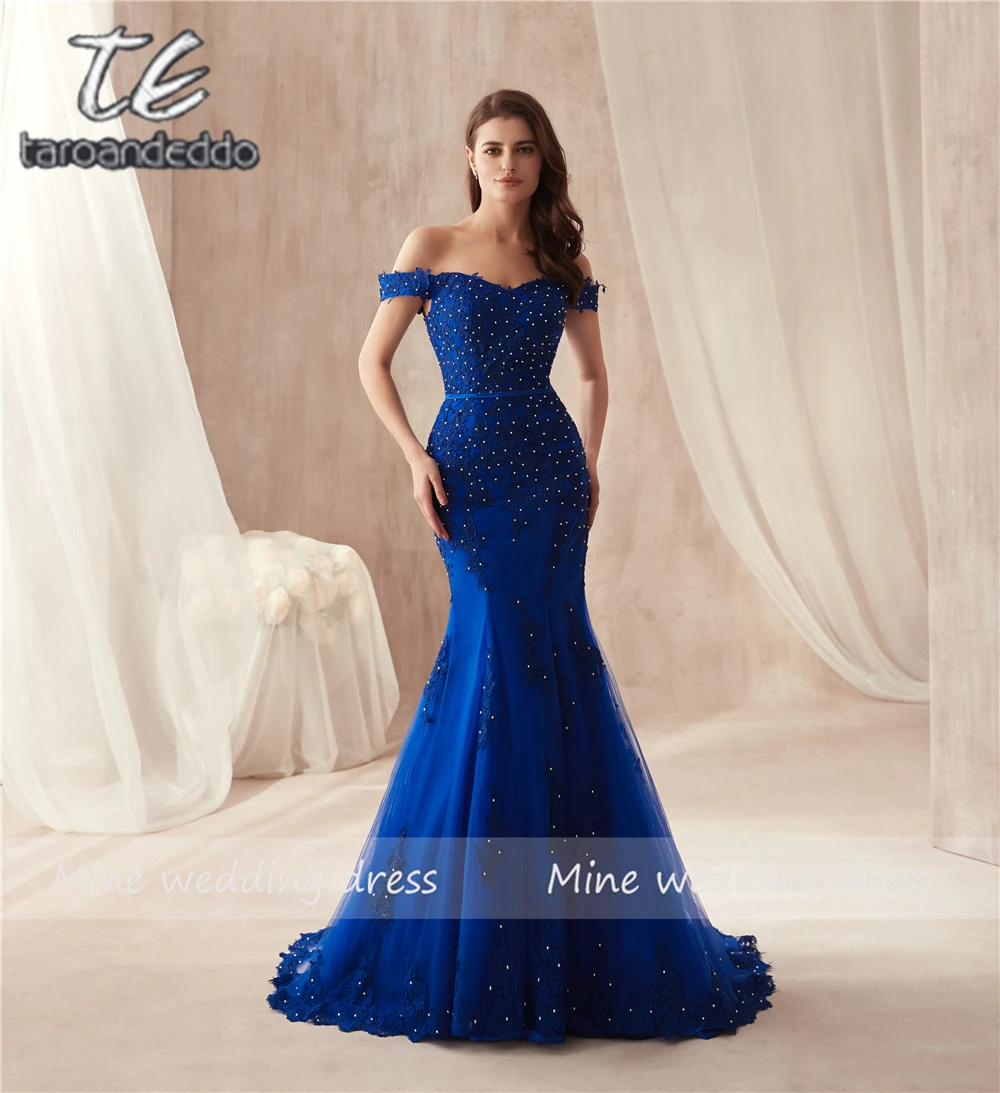

Off the Shoulder Royal Blue Mermaid Slim Prom Dress Lace Applique with Pearls Beading Sexy Long Evening Dress Party Dress