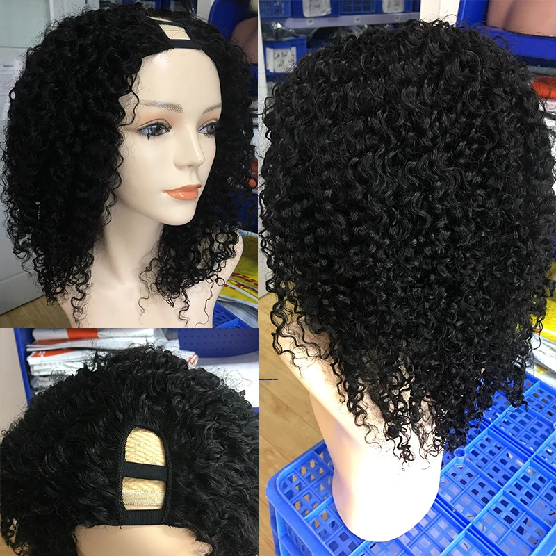 Неклеевой монгольский U Part Wig 3B 3C натуральные курчавые человеческие волосы парики
