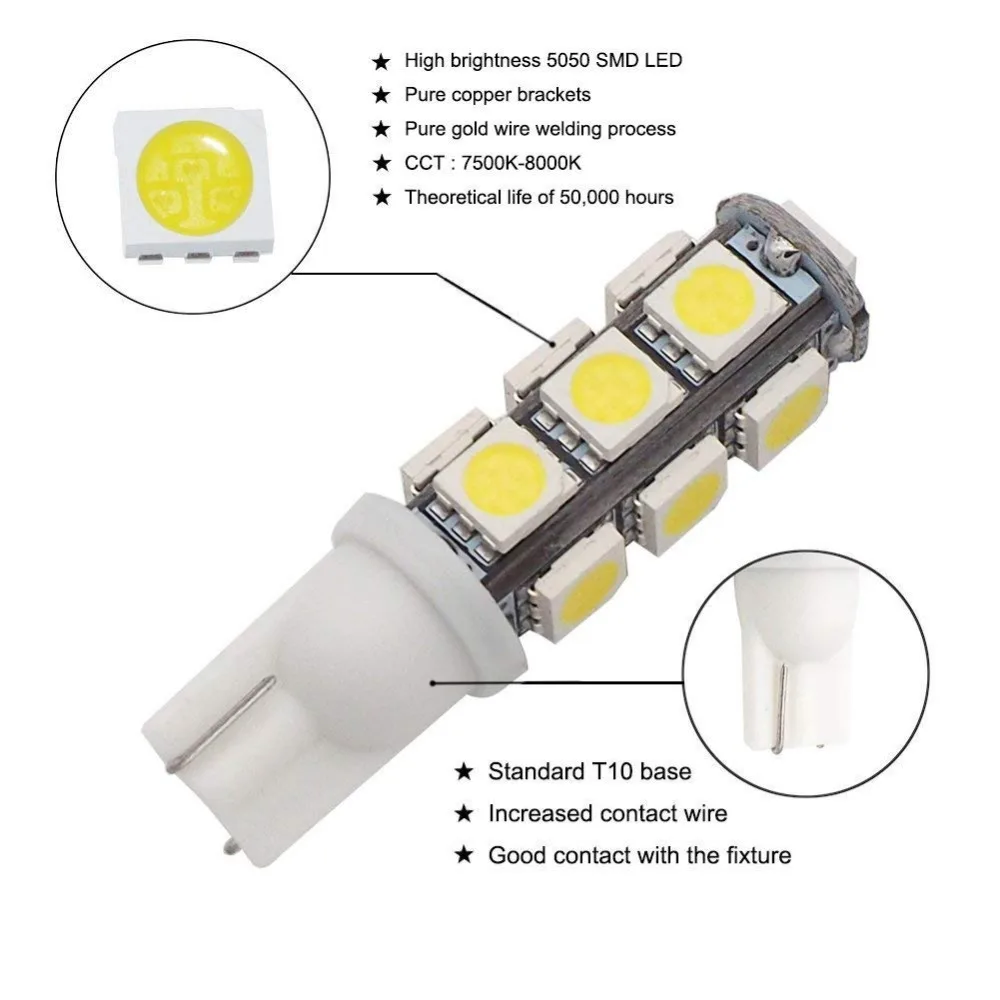 10Pcs White T10 13 SMD 5050 13LED 13Smd 194 168 192 Auto Car Side Turn Signal Light Bulb W5W LED Wedge Lamp DC 12V | Автомобили и