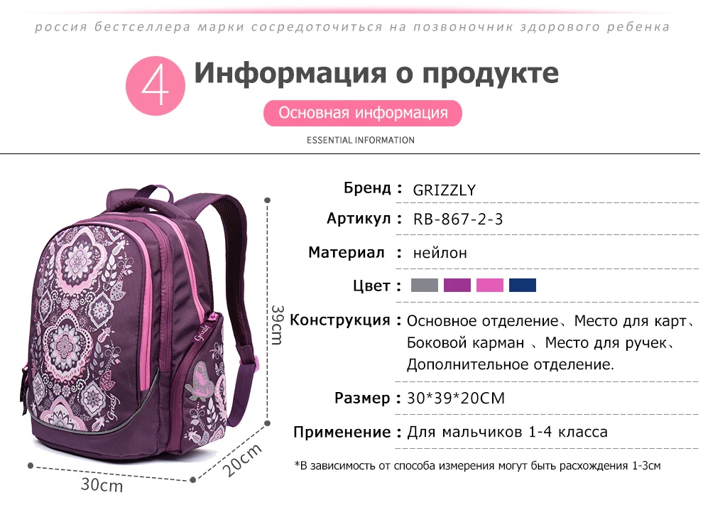 Гризли модные детские рюкзаки школьные сумки для девочек Водонепроницаемый& ортопедические молния сумки для начальной школы для Класс, для детей от 1 года до 5 лет
