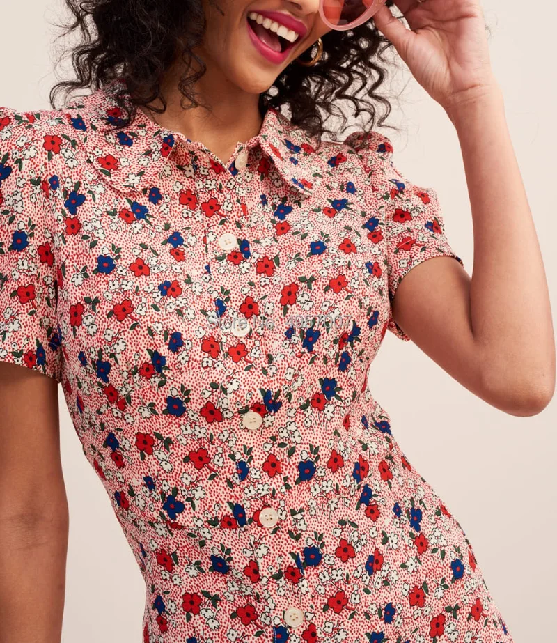 Женское розовое платье средней длины на пуговицах с цветочным принтом Elfbop