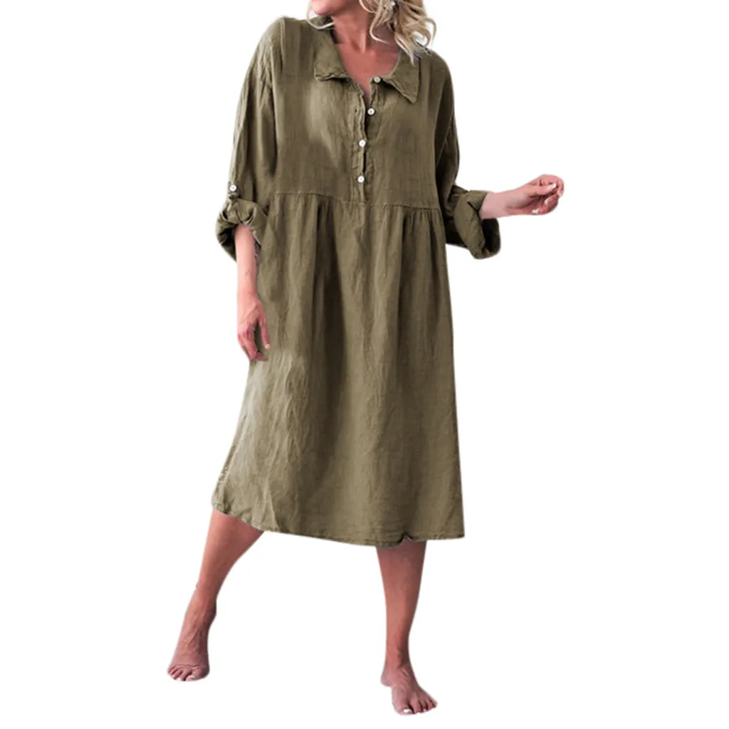 Женское льняное платье свободного покроя с длинным рукавом и воротником на