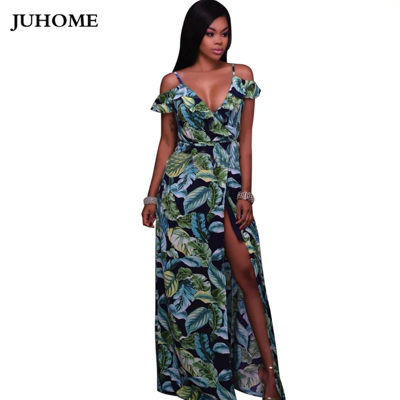 Женский сарафан в пол Пляжная туника стиле бохо с разрезом по бокам и v образным