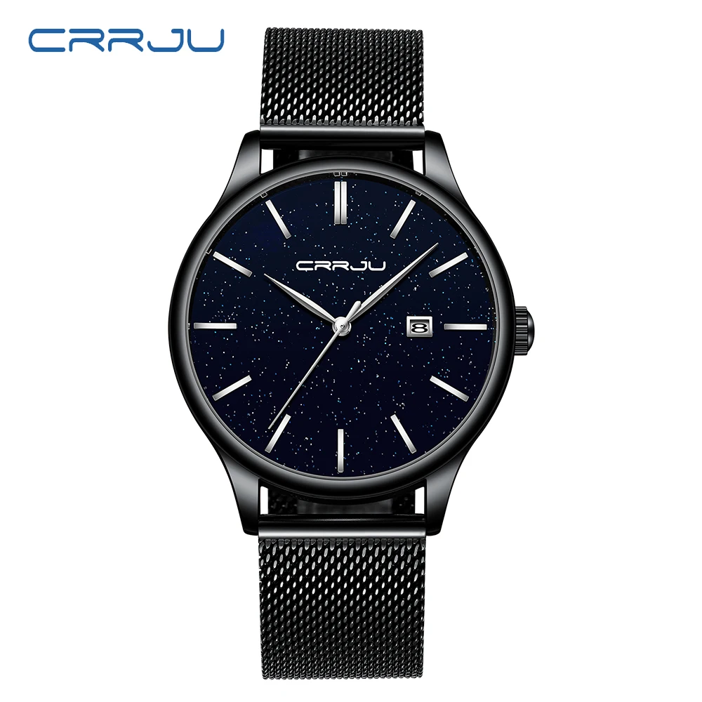

New CRRJU Men Watch Fashion Starry Sky Waterproof Quartz Wristwatch Simple Mesh Male Clock Gift for Men relogio masculino montre