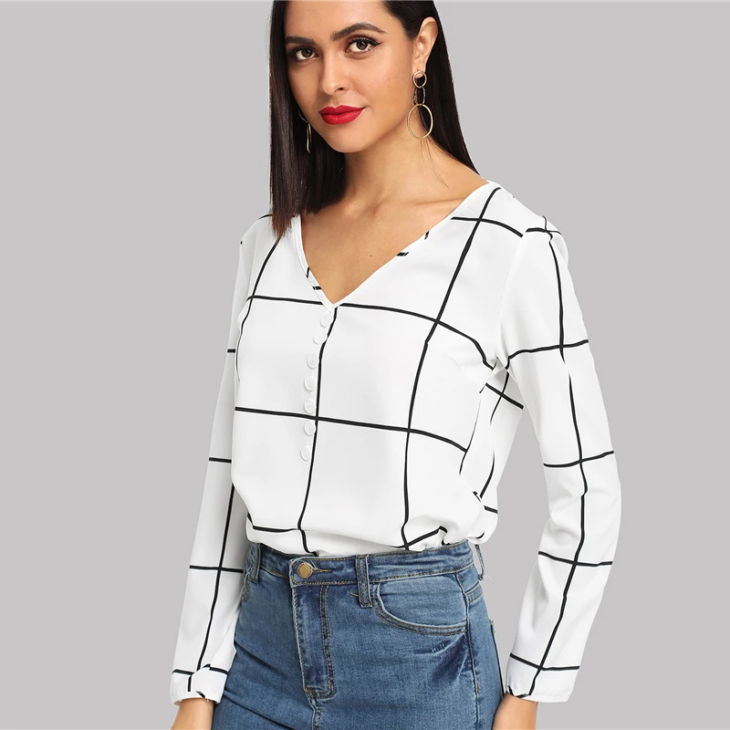 SHEIN Black And White Office Lady Elegant Button Front V-Neck Long Sleeve Plaid Blouse Autumn Workwear Women Tops And Blouses
