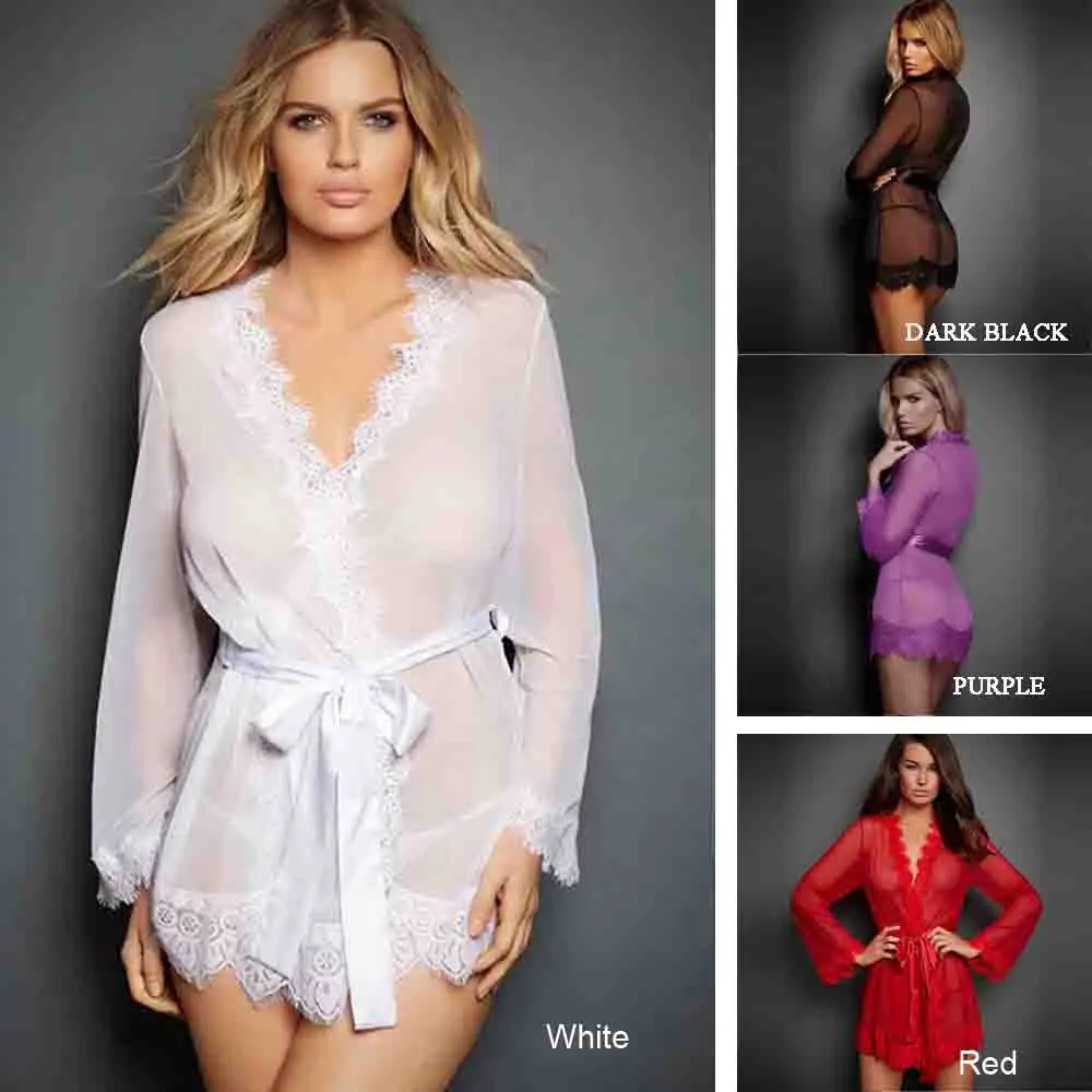 5 Colors Women Sexy Silk Robe Nightwear Transparent Underwear G-string A Set Sleepwear Bath Robe Pajamas Sexy Lingerie Nightgown