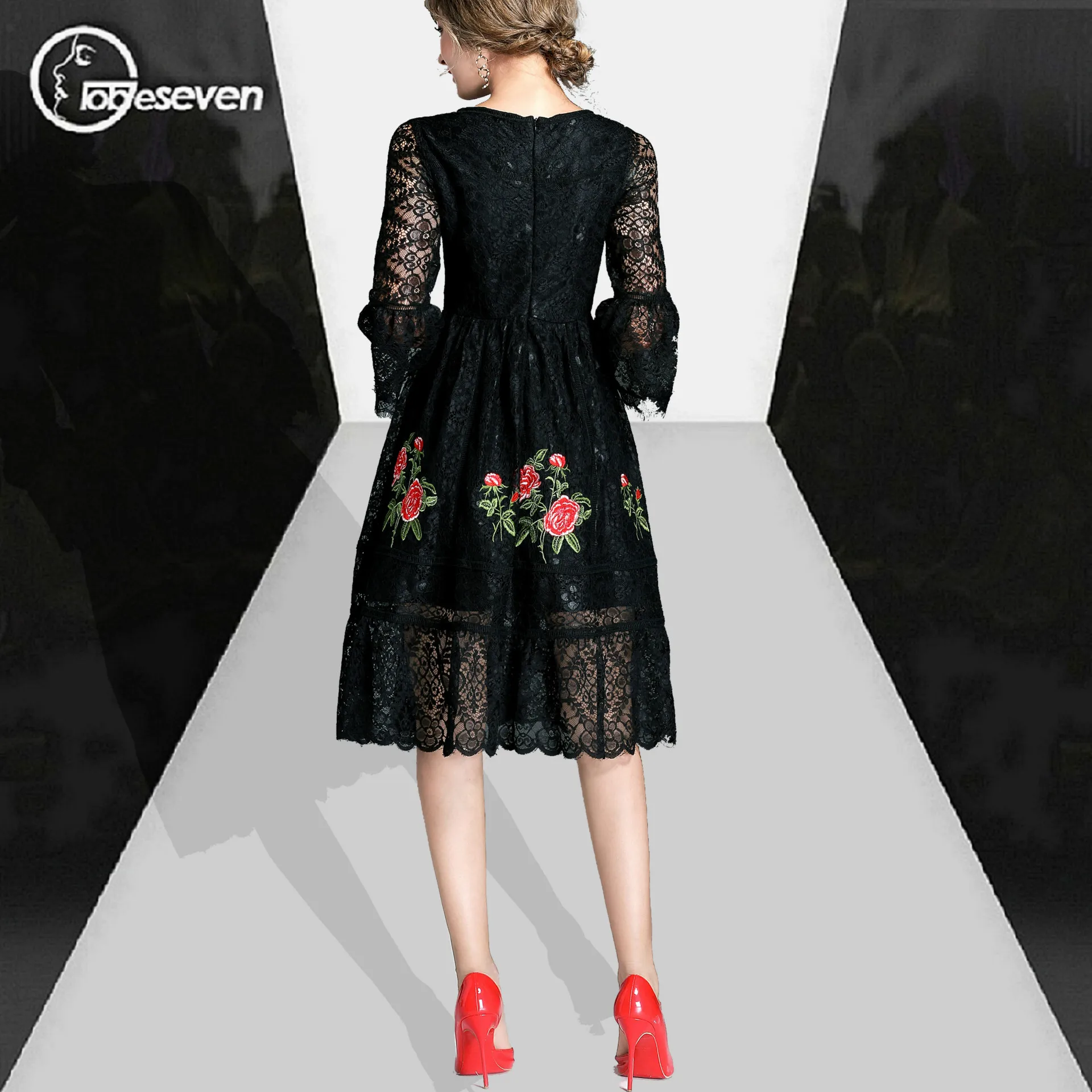 2017 Autumn New Women Clothing High Quality Runway Hollow Out Patchwork Embroidery Black Dress | Женская одежда