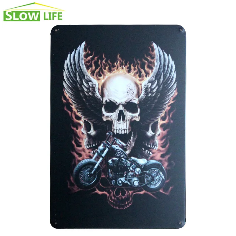 Череп мотоцикл металлический оловянный знак Настенный декор винтажный для